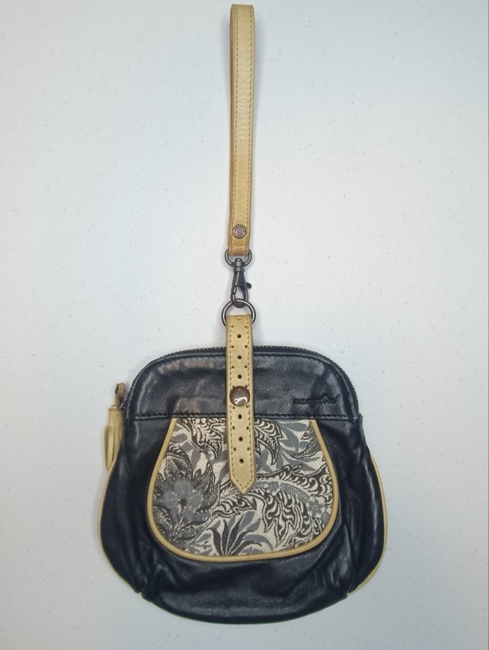 Vintage Nancybird Mixed Media Leather Wristlet Clutch Bag - Black & Tapestry